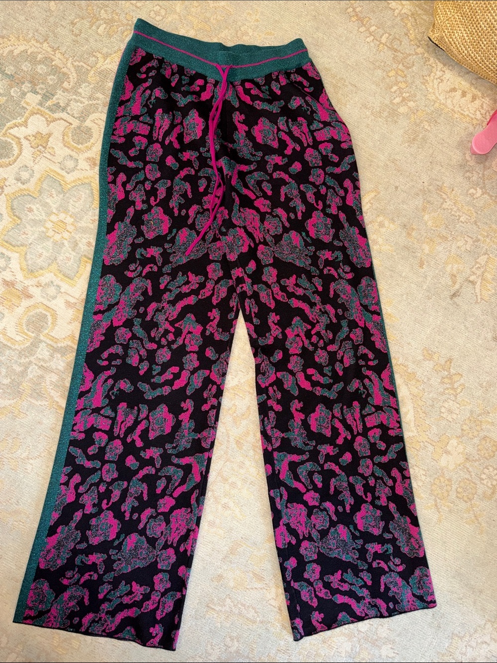 House of Perna- Wide Leg Knit Pants in Black with Pink & Teal Accents